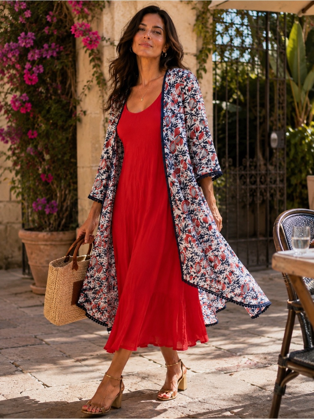 NWT Anayna Red Flared Slip Dress W/ Floral Printed Longline Shrug Jacket 1X
